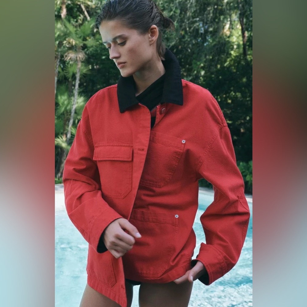Zara Red & Black Jacket Shacket | Small | Front Patch Pockets | NWT - Picture 3 of 9